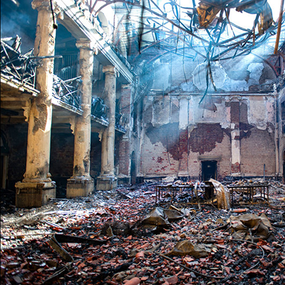 View of fire damaged Jagger Library Reading Room