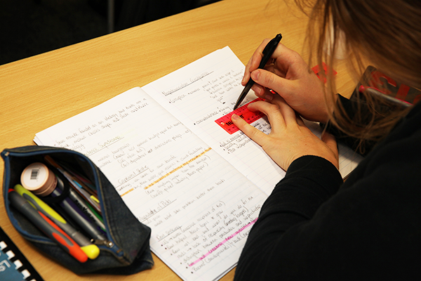 student studying, making notes in exercise books